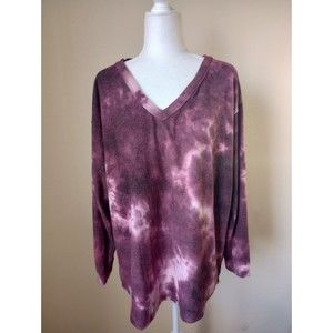 Misia Women's 2X Purple Tie Dye V Neck Long Sleeve Fleece Warm Up Shirt
